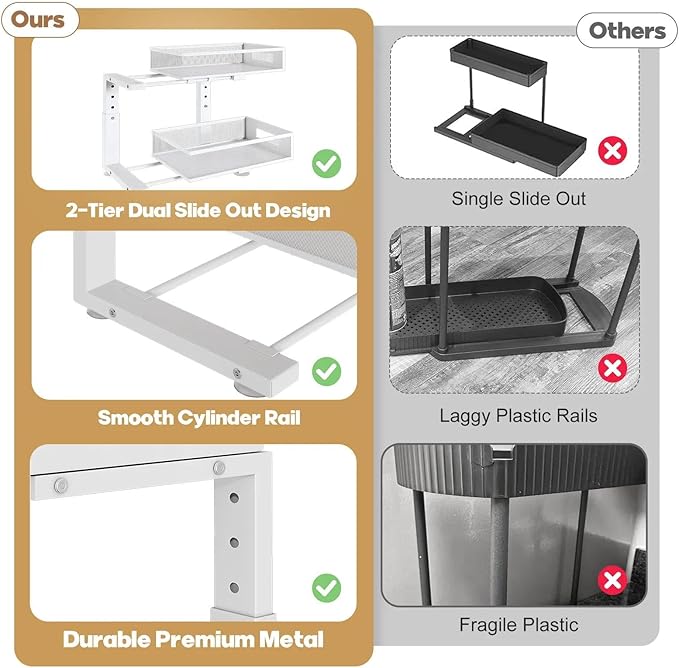 2 Packs 17IN Depth Under Sink Organizer, 2-Tier Pull Out Cabinet Organizer With Smooth Circular Rail, Large Capacity Metal Me