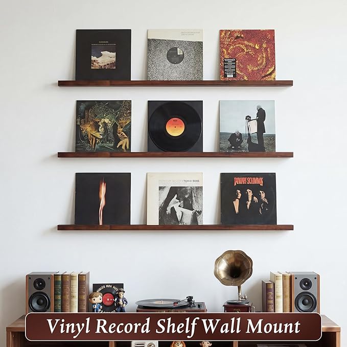 Pinkunn 3 Pcs 40 Inches Vinyl Wall Mount Record Display Shelf, Extra Long Wood Vinyl Record Holder, Album Display Holder Floa
