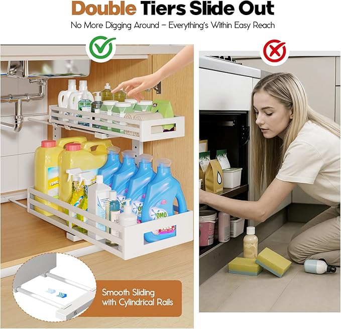 2-Pack 19"Deep Under Sink Organizer And Storage, 2-Tier L-Shaped Pull Out Cabinet Organizer with Upgraded Slide Rails, Height