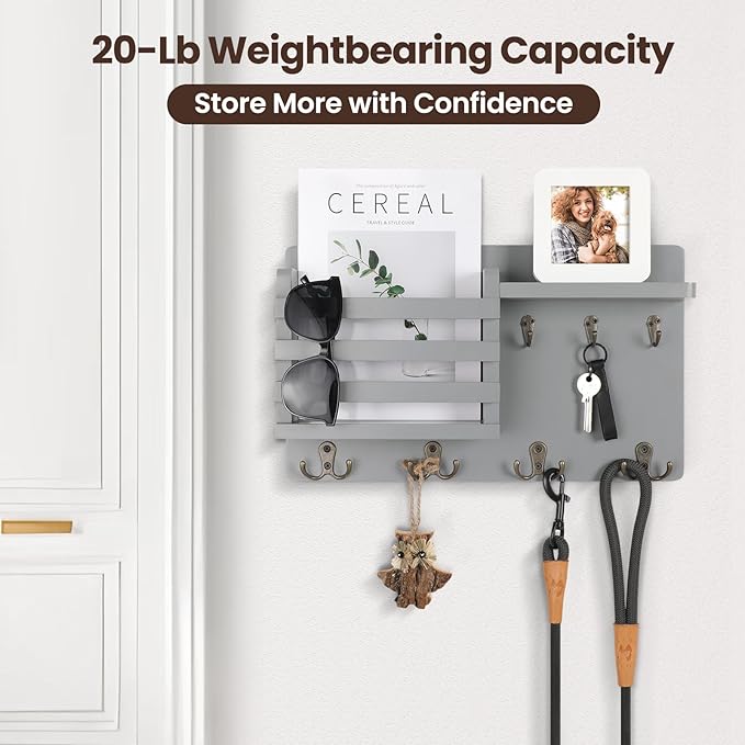 Nekon Mail Holder for Wall Mail Organizer with Key Hooks Hallway Farmhouse Decor Storage Racks with Floating Shelf and Flush 