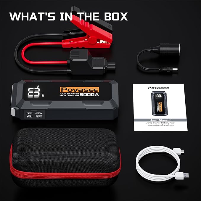 Povasee Car Battery Jump Starter 5000A Jump Box (All Gas/10L Diesel) Portable Car Jump Starter Battery Pack, 12V Jumper