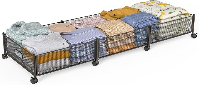 Under Bed Storage With Wheels, 47.2''/90lbs/57.6L, Metal Frame Under Bed Rolling Storage, Tool-Free Assembly Underbed Drawers