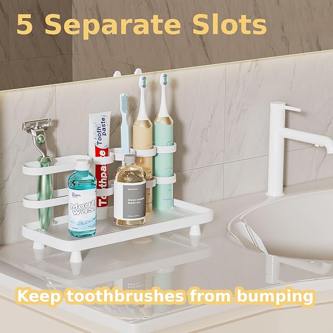 YOOLENS Electric Toothbrush Holder for Bathroom Countertop 5 Metal Slots Toothpaste Razor Mouthwash Organizer, White