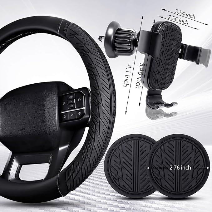 CAR PASS Leather Rubber Steering Wheel Cover Combo Set Universal Fit for Truck SUV Car Ram F150 Tundra 4Runner Tacoma Mobile Phone Holder Anti-Slip Heavy Duty Tire Tread Large-Size 15.5"-16" Black