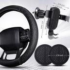 CAR PASS Leather Rubber Steering Wheel Cover Combo Set Universal Fit for Truck SUV Car Ram F150 Tundra 4Runner Tacoma Mobile Phone Holder Anti-Slip Heavy Duty Tire Tread Large-Size 15.5"-16" Black