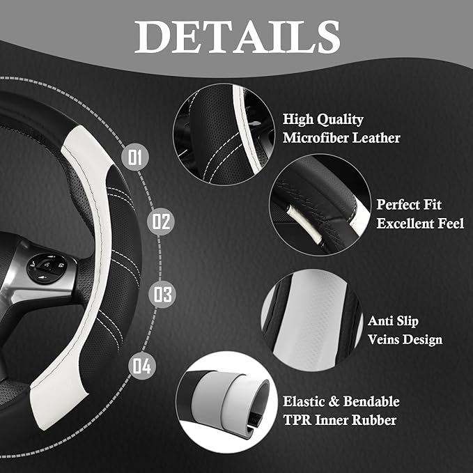 CAR PASS Leather Steering Wheel Cover and Waterproof Car Floor Mats, Microfiber Universal Car Combo Fit for 95% Sedan SUV Van