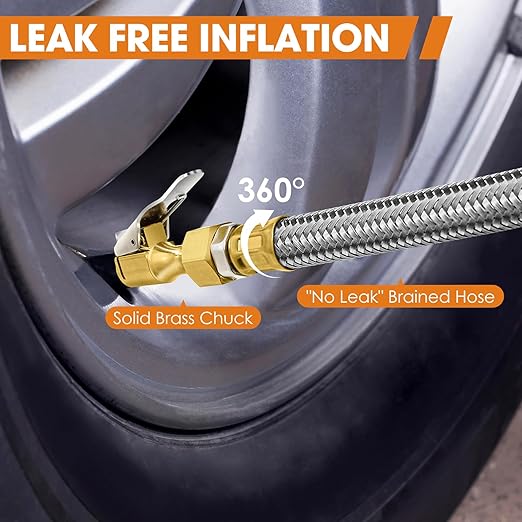 Digital Tire Pressure Gauge with Inflator, 250 PSI Heavy Duty Air Chuck Air Compressor Attachments, Improved Leaks Protection & Stainless Braided Hose Tire Gauge with a Portable Carrying Box