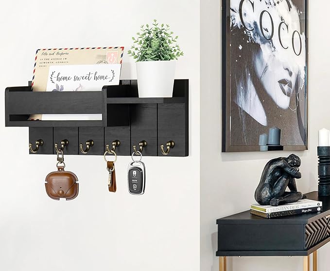 RelaxScene Key Holder Wall Mount - Decorative Key Rack and Mail Organizer with 6 Key Hooks - Wooden Key Hanger with Shelf for