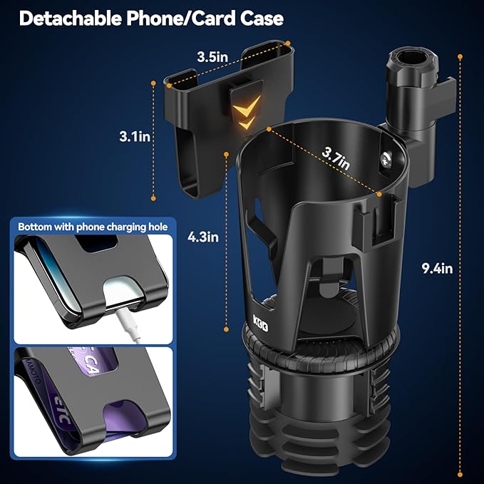 KDD Car Cup Holder Expander - 3 in 1 Cup Holder Adapter with Adjustable Base - Detachable Phone Holder & 360° Rotation Food T