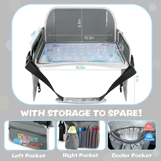 MENZOKE Kids Travel Tray for Toddler Car Seat, Toddler Gift for Boy Activities with Dry Erase Board & iPad Holder Stand, Road Trip Essentials Accessories Lap Tray for Boy as Birthday Gift, Grey