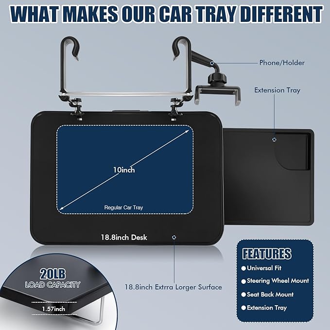 2 in 1 Steering Wheel Tray, Car Table with Phone Holder, Multifunctional Adjustable Car Trays for Eating, Universal Fit for Most Vehicles