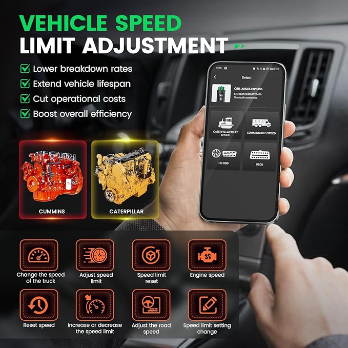 ANCEL HD200 Bluetooth Heavy Duty Truck Scanner, Speed Limit and Idle Reset for Cummins & Caterpillar Engines, J1939/J1708