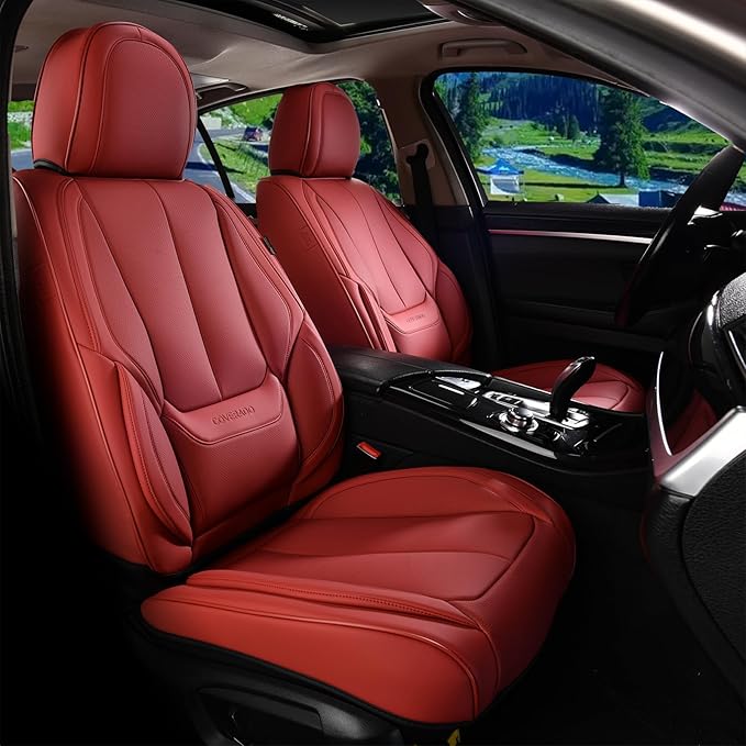 Coverado Car Seat Covers Full Set, Car Seat Protector Waterproof, Nappa Leather Car Seat Cushion, Red Seat Covers for Cars, F