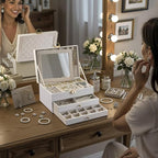 3 Layer Jewelry Boxes for Women with Mirror Large Jewelry Organizer Box with 2 Jewelry Organizer Drawer PU Lockable Elegant U