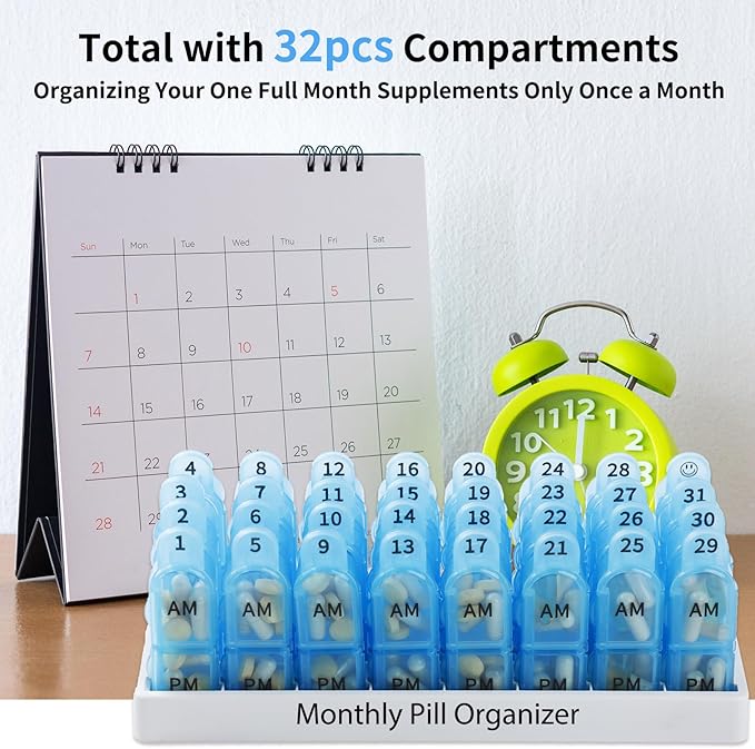 Daviky Monthly Pill Organizer 2 Times a Day, 30 Day Pill Box AM PM with Separate Container, One Month Medicine Case Twice a D