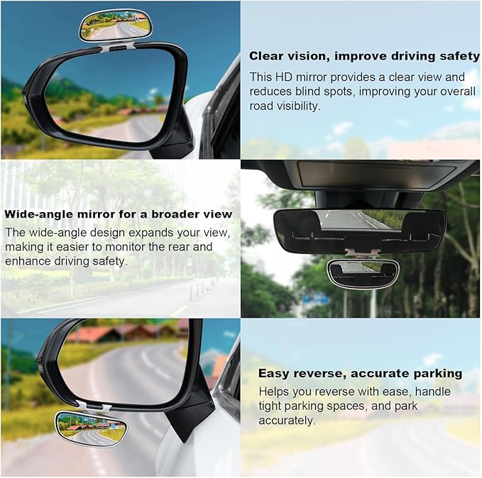 LivTee Clip on Blind Spot Mirror, HD Glass Frameless Convex Rear View Mirrors Exterior Accessories with Wide Angle Adjustable Stick for Car SUV and Trucks, Silver