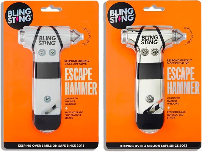 BLINGSTING Glammer Safety Hammer - Emergency Automotive Escape Hammer Tool, Seat Belt Cutter & Car Window Break Tool - White 