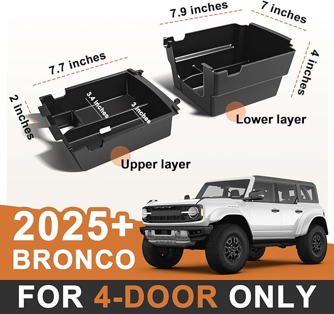 TripleAliners Center Console Organizer Compatible with 2025 2026 Ford Bronco(Not for 2-Door& Manual &Bronco Sport) Accessories Console Storage Box Armrest Tray | Two Layers with Leather Trim (Gray)