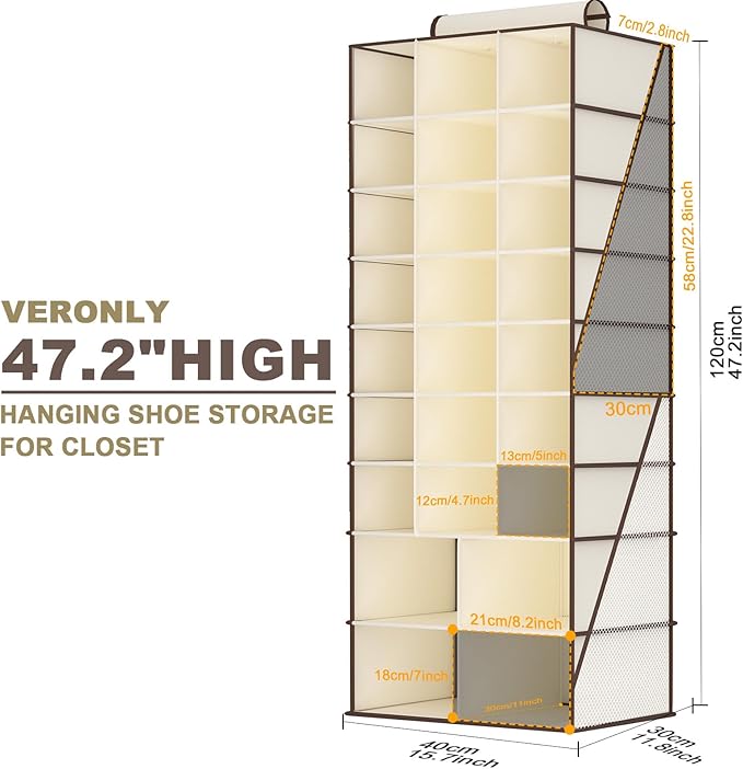 VERONLY Hanging Shoe Organizer for Closet-Collapsible Storage Rack with 25 Sections & 4 Side Pockets, Hanging Shoe Shelves fo