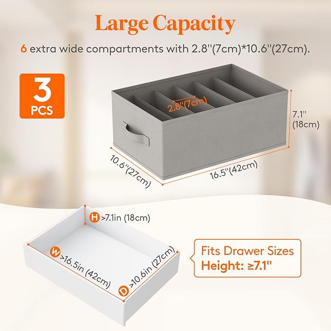 Lifewit 3 Pack Clothes Organizer, 6 Grids Closet Jean Storage Bins with Handles and Support Boards, Foldable Drawer Organizer