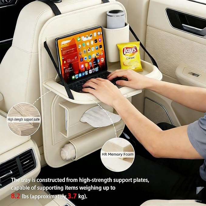 Universal Premium Leather Foldable Car Backseat Organizer with Table Tray, Car Seat Back Protector with Garbage Bag Touch Screen Pad Holder, Car Kick Mats Protector with Tissue Holder (Beige)