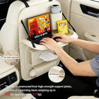 Universal Premium Leather Foldable Car Backseat Organizer with Table Tray, Car Seat Back Protector with Garbage Bag Touch Screen Pad Holder, Car Kick Mats Protector with Tissue Holder (Beige)