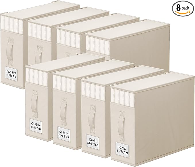 StorageTastic 8 Pack Bed Sheet Closet Organizers and Storage,Sturdy Foldable Storage Containers with Window and Label,Storage