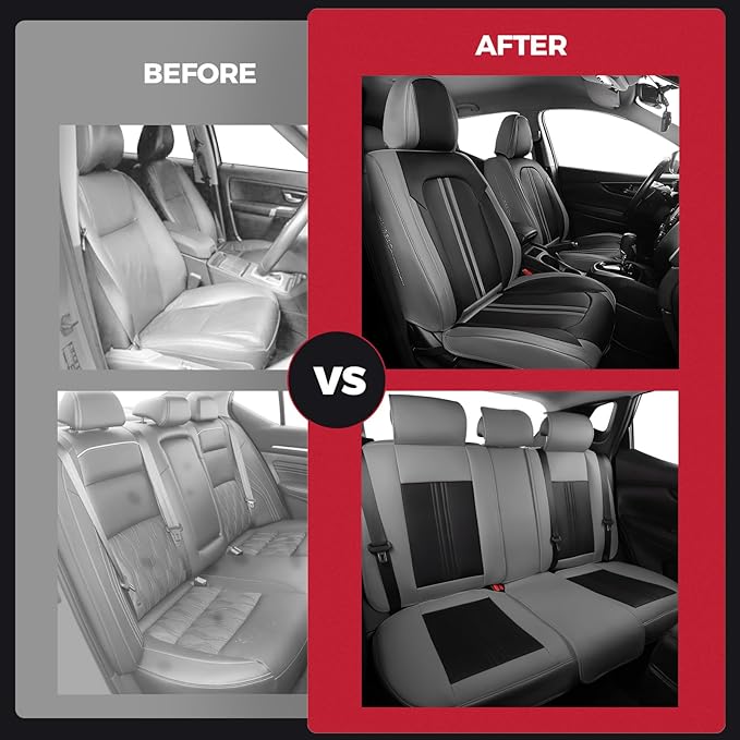 FREESOO Car Seat Covers Full Set, Black Gray Waterproof Car Seat Cover, Leather Seat Covers for Trucks, Luxury Car Seat Cover