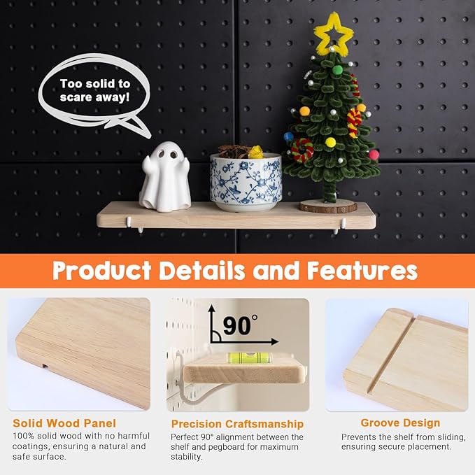 Solid Wood Pegboard Shelf, High Balance and No tilt, Pegboard Accessories, Wooden Pegboard Shelves for 1/4" Metal Pegboard, 2
