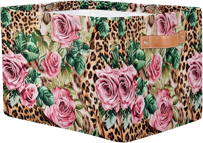 Leopard Print Floral Flower Storage Basket Collapsible Cloth Storage Cube Basket Bins Organizer with Handles Rectangular Larg