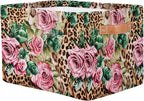Leopard Print Floral Flower Storage Basket Collapsible Cloth Storage Cube Basket Bins Organizer with Handles Rectangular Larg