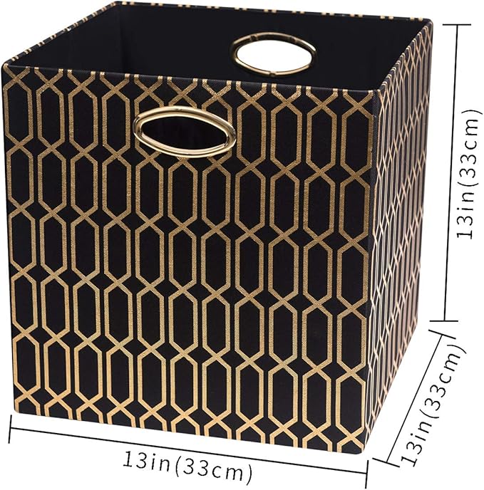 Posprica Storage Bins, Storage Cubes,13×13 Fabric Drawers Organizer Basket Boxes Containers (13×13×13/4pcs, Black/gold geomet