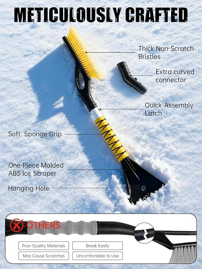 MIKKUPPA 27'' Snow Brush and Ice Scrapers for Car Windshield - Detachable Windshield Scraper, Snow Removal Tool with Curved Connector & Ergonomic Foam Grip for Cars, Trucks, SUVs (Yellow, 2 Pack)