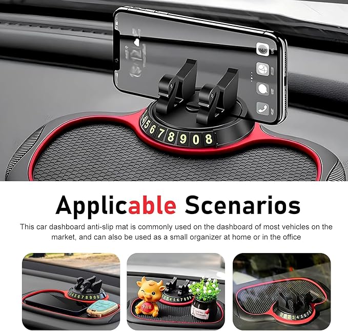 Multifunction Car Anti-slip Mat, Storage Pad & Rotatable Phone Holder & Parking Number Plate, Large Organizer Pad for Phone K