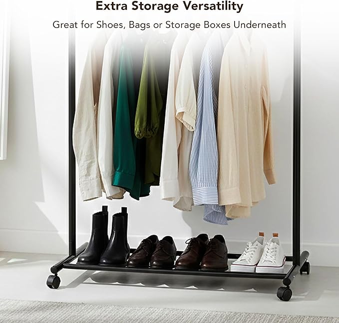 Displays By Jack Double Rail Clothes Rack, Adjustable Rolling Garment Rack on Wheels – Extendable Hanging Rods & Bottom Shelf