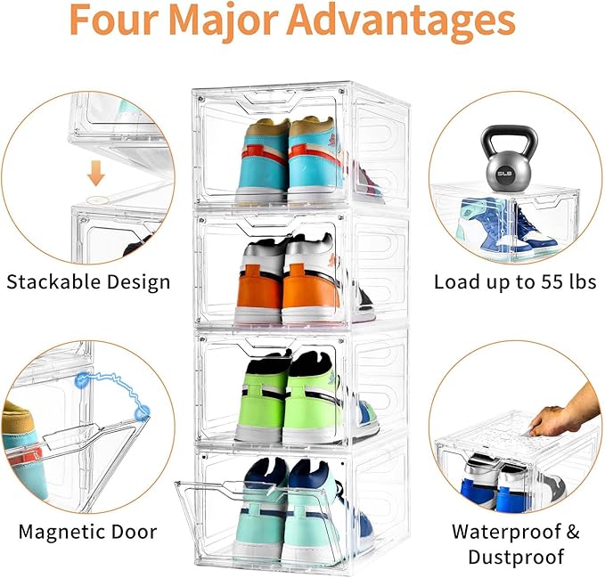 12 Pack Thicken & Sturdy Clear Shoe Storage Organizer with Magnetic Door, Shoe Boxes Clear Plastic Stackable for Closet, Shoe