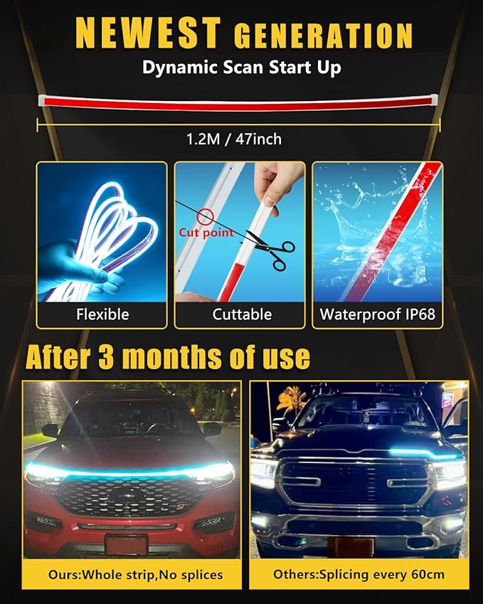 Sequential Turn Signal Led Light Strip Dynamic Scan Start Up Hood Lights Flexible DRL Daytime Running Light for Car,Truck,SUV,Dual Color Amber Ice Blue Flowing Switchback 12V 47inch /1.2M (1Set)
