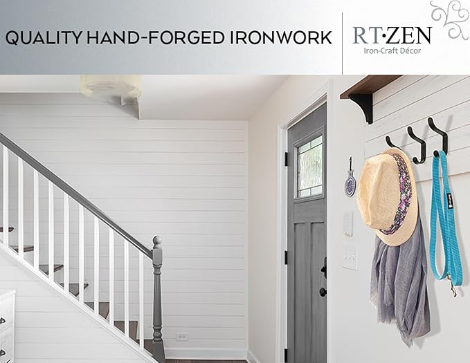 RTZEN Wall Mount Hook Set - Wrought Iron Decorative Rustic Metal Coat Hooks for Hanging - Handcrafted Classic Farmhouse Wall 