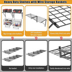 ThreeHio 2 Pack Garage Shelves Wall Mounted with Wire baskets, Heavy Duty Garage Wall Shelving with Hooks, Wire Shelf Baskets