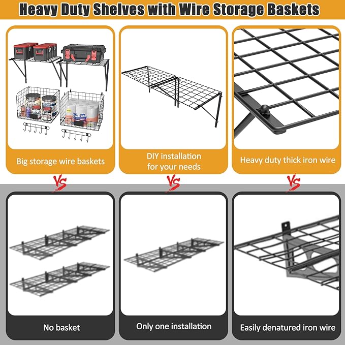 ThreeHio 2 Pack Garage Shelves Wall Mounted with Wire baskets, Heavy Duty Garage Wall Shelving with Hooks, Wire Shelf Baskets