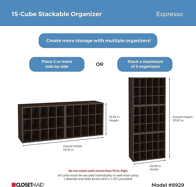 ClosetMaid 15 Cube Stackable Storage Organizer for Shoes, Bags, Crafts, Hobbies with Wood Shelves, for Closet, Entryway or Mu