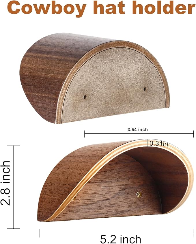 Cowboy Hat Rack for Wall,2 Pack Wooden Hat Holder,with Satin Finish Hat Hooks,Non-Damage Brim Design Can Keeps Original Shape