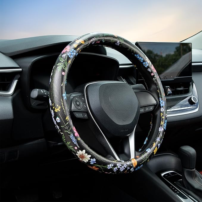 Multicolor Wildflower Steering Wheel Cover Auto Jacquard Steering Wheel Protector, Anti-Slip, Breathable, Absorbing Sweat, Un