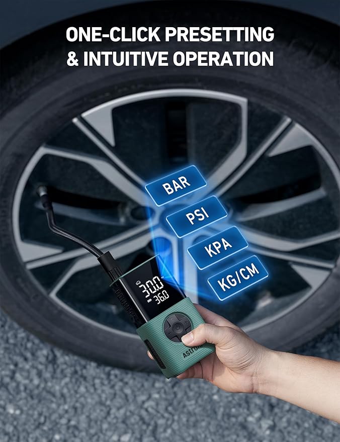 AstroAI Tire Inflator L7S Portable Air Compressor Cordless Bike Pump with Digital Dual Values Display, 150 PSI Car Tires Pump with LED Lights Air Pump for Cars, Motorcycles, Bikes, Balls Geen