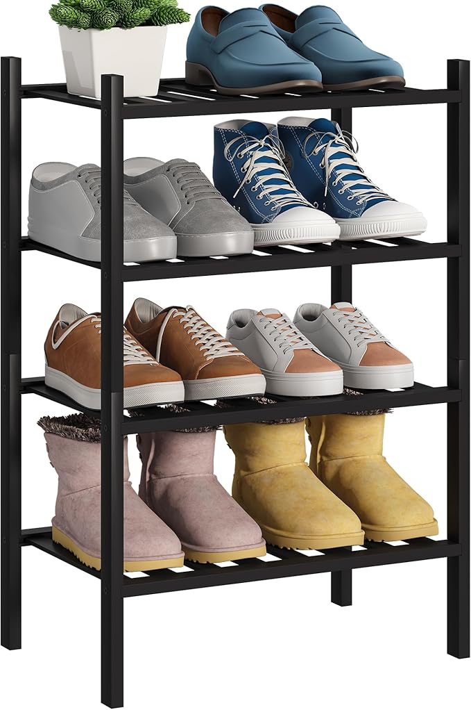 BMOSU 4-Tier Bamboo Small Shoe Rack Premium Stackable Shoe Shelf Storage Organizer for Hallway Closet Living Room Entryway Or