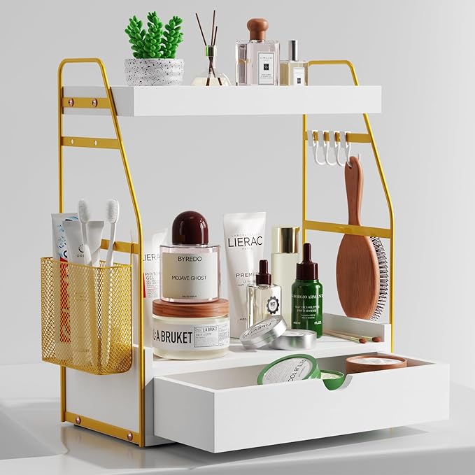 2 Tier Bathroom Counter Organizer with Drawer & Basket, Wooden Vanity Tray Countertop Shelf Accessories for Makeup Storage, C