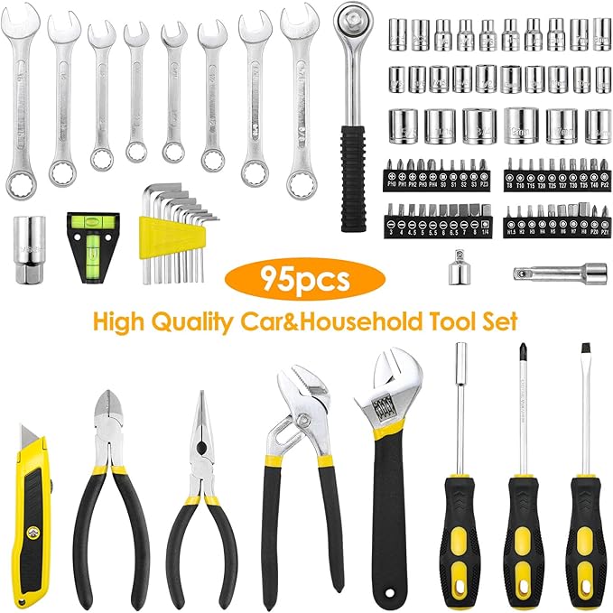 TLGREEN 95 Piece Tool Set, Tool Kit, Mechanics Tool Set, Portable Toolbox with Adjustable Wrench Pliers Socket Bits, with Pla