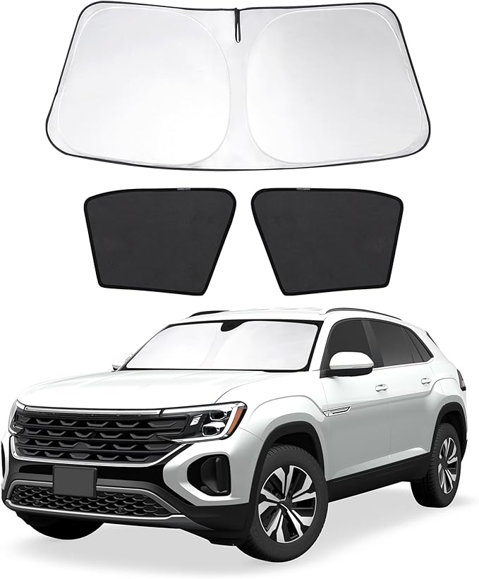 3PCS Car Window Shades Front Windshield Sun Shade Foldable Window Shade Custom Fit for Volkswagen Atlas VW Atlas Cross Sport 2018-2026 Shades Windows Anti-UV Rays Block Heat