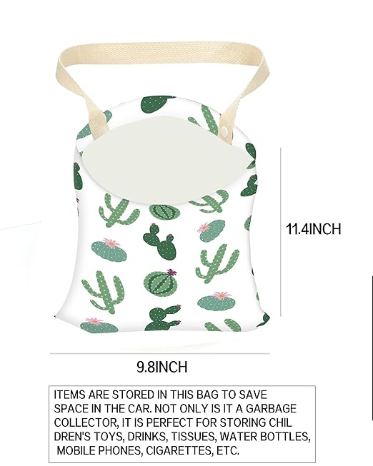Car Trash Can, Durable Hanging Car Trash Garbage Bag, Cute Automotive Garbage Cans Organizer, Cute Green Cactus