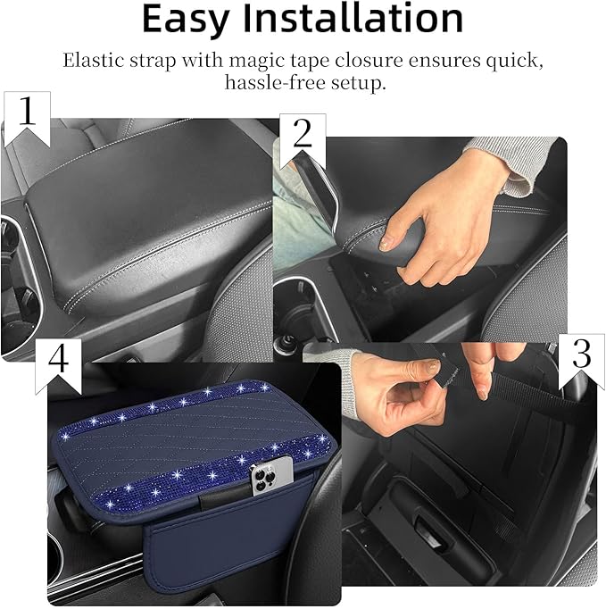 NBTEPEM Bling Blue Car Center Console Cover, Leather Car Arm Rest Cover with 2 Storage Bags, Universal Auto Armrest Protector Storage Box, Bling Accessories Interior for Most Vehicles